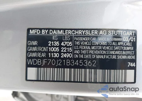 2001 Mercedes-Benz E 430 z USA, uszkodzony, nr VIN WDBJF70J21B345362